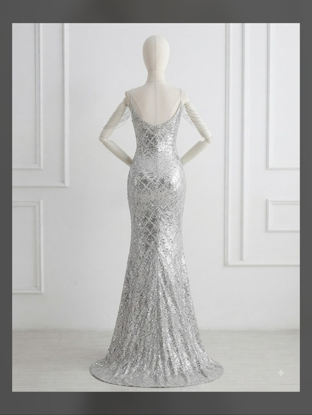 Silver Sequin Evening Gown with Illusion Sleeves - Picture 14 of 15